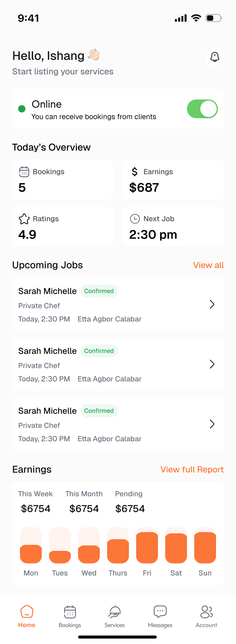 Traclet app dashboard showing earnings and upcoming jobs