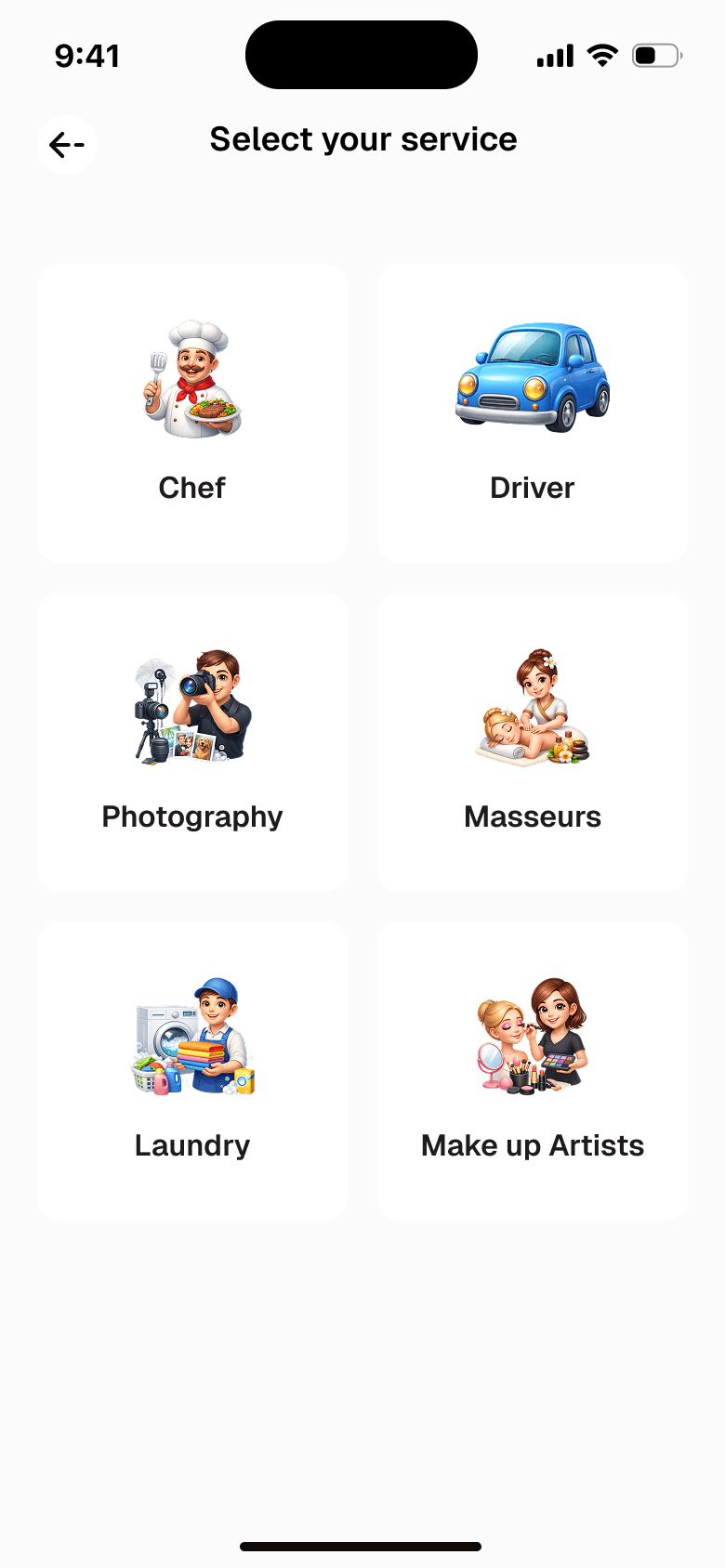 Traclet app service selection screen with category icons